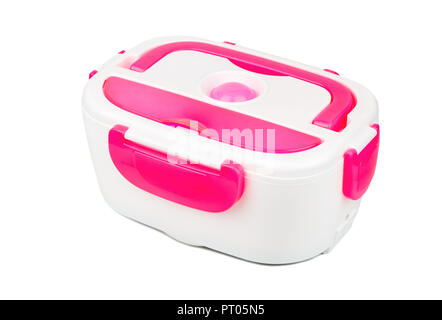 Red plastic lunch box isolated on white background Stock Photo
