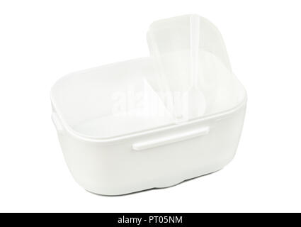 Open plastic lunch box on white background Stock Photo