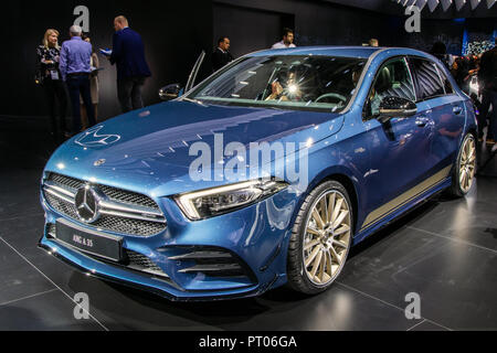 Paris, France, October 2018 blue Mercedes-AMG A 35 4MATIC+ at Mondial Paris  Motor Show, 4th gen A-class W177 produced by Mercedes Benz Stock Photo -  Alamy