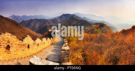 Chinese ancient The Great Wall segment high in Mutianyu mountains panoramic view atop hill ranges surrounded by golden-red autumn trees Stock Photo