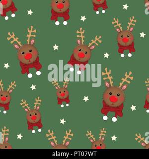 Reindeer with Red Scarf on Green Background. Vector Illustration. Stock Vector