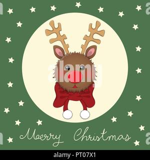 Reindeer with Red Scarf on Green Christmas Greeting Card. Vector Illustration. Stock Vector