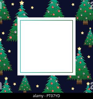 Christmas Tree and Golden Star on Dark Blue Night Sky Banner Card. Vector Illustration. Stock Vector