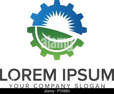 leaf sun gear logo. energy, industrial logo design concept template Stock Vector