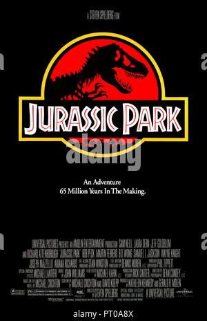 Jurassic Park (1993) directed by Steven Spielberg and starring Sam Neill, Laura Dern, Jeff Goldblum and Richard Attenborough. Successful blockbuster about a theme park containing live dinosaurs, what could go wrong? Stock Photo