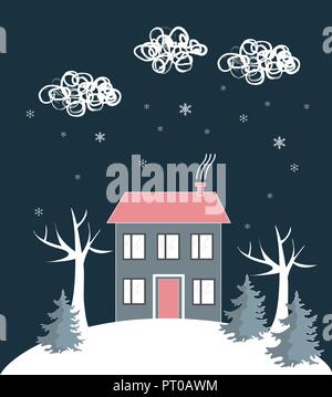 Cartoon winter landscape, with house and snow hill. Vector Illustration Stock Vector