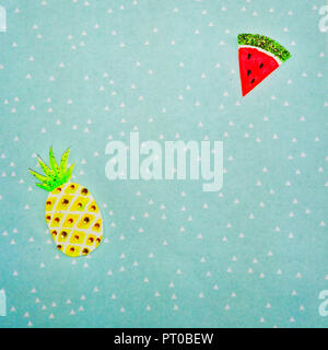 Watercolor, pineapple, melon, background, triangles Stock Photo