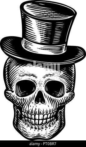 Skull or jolly Roger in hat-cylinder. Joker sketch. Vintage vector illustration Stock Vector