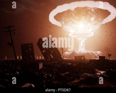 nuclear explosion over the destroyed city. 3d rendering concept. Noise and grain added Stock Photo
