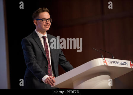 3 October 2018 - Conservative Candidate for Sale Moor council elections 2019 Matt Leigh speaks at Conservative Party Conference 2018 in Birmingham, UK. The candidate, aged 17, is one of the youngest in the country and spoke before Prime Minister Theresa May's conference speech. Stock Photo