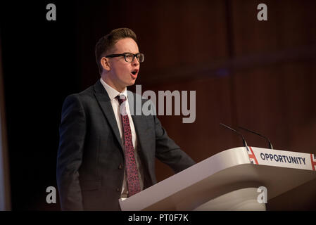 3 October 2018 - Conservative Candidate for Sale Moor council elections 2019 Matt Leigh speaks at Conservative Party Conference 2018 in Birmingham, UK. The candidate, aged 17, is one of the youngest in the country and spoke before Prime Minister Theresa May's conference speech. Stock Photo