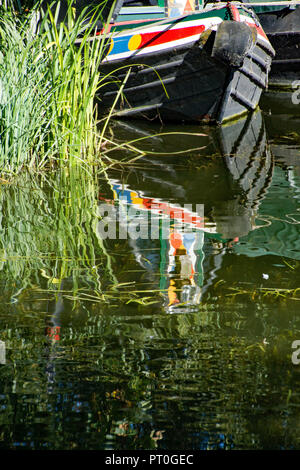 A canal, or narrow, boat is reflected at its moorings on a summers day on the River Stort in Sawbridgeworth in Hertfordshire at the Maltings moorings. Stock Photo