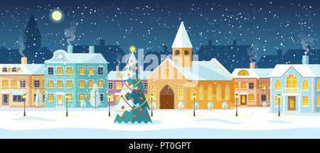 Winter cityscape, snowy street with Christmas tree Stock Vector