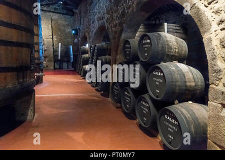 Port wine barrels at the Calem Wine Lodge, Vila Nova de Gaia, Porto, Portugal Stock Photo
