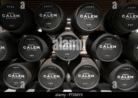 Port wine barrels at the Calem Wine Lodge, Vila Nova de Gaia, Porto, Portugal Stock Photo