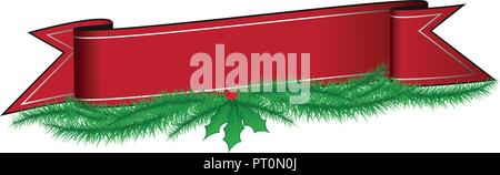 Red Christmas Banner with Green Spruce Pine Needles and Holly Leaves Garland across the bottom. Vector Illustration. Stock Vector