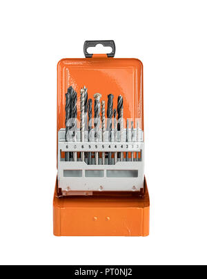 collection of different drills in a orange metal box, isolated on white Stock Photo