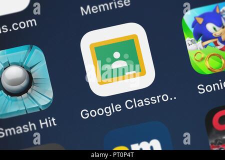 London, United Kingdom - October 05, 2018: The Google Classroom mobile app from Google, Inc. on an iPhone screen. Stock Photo