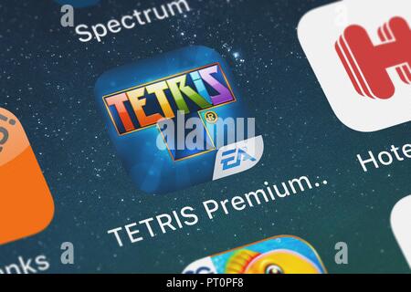 London, United Kingdom - October 05, 2018: The TETRIS® Premium for iPad mobile app from Electronic Arts on an iPhone screen. Stock Photo