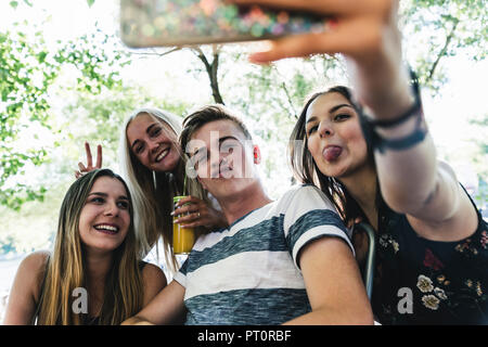 Group of happy friends taking a selfie outdoors Stock Photo