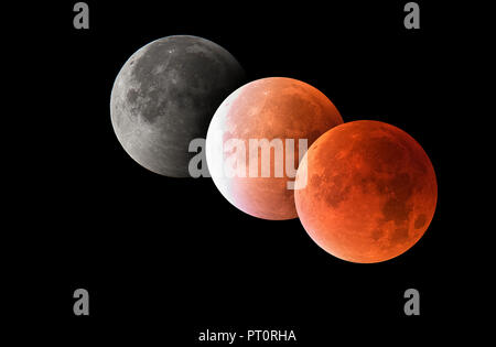 Various phases of a total lunar eclipse, blood moon, astrophotography Stock Photo
