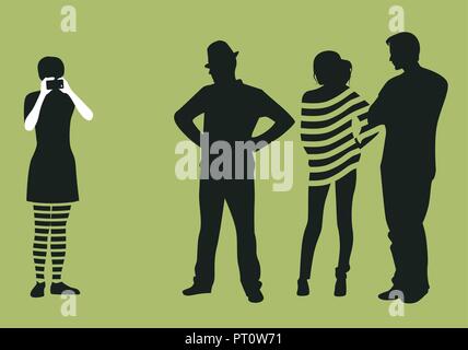 Girl making photos or movies with the phone and group of three looking at her. Silhouettes vector Illustration Stock Vector