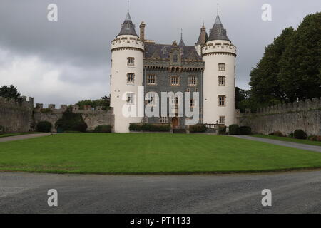 View of the facade of Killyeagh Castle from its gated courtyard, Killyeagh, Downpatrick, County Down, Northern Ireland, U.K. Stock Photo