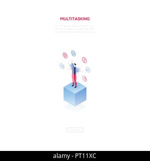 Multitasking concept - modern isometric vector web banner Stock Vector