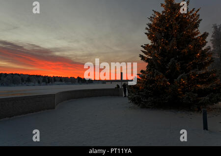 Beautiful Lapland Sunrise with Christmas tree in front in Rovaniemi, Finland. Stock Photo