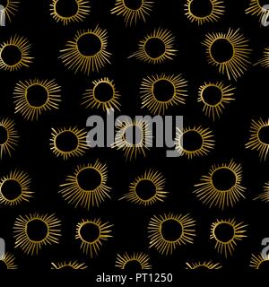 Hand draw black and golden sun beam. Vector seamless pattern. Stock Vector