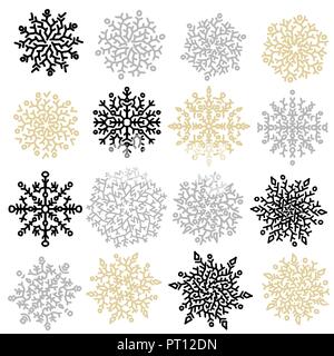 Set of black, gold and silver snowflakes. Snowflakes christmas collection. Vector illustration. Stock Vector