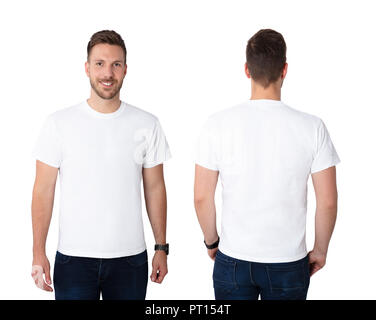 Front And Rear View Of A Young Man In White T-shirt Stock Photo