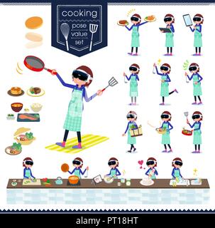 A set of women wearing virtual reality goggles about cooking.There are actions that are cooking in various ways in the kitchen.It's vector art so it's Stock Vector