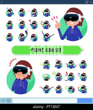 A set of women wearing virtual reality goggles with expresses various emotions on the SNS screen.There are variations of emotions such as joy and sadn Stock Vector