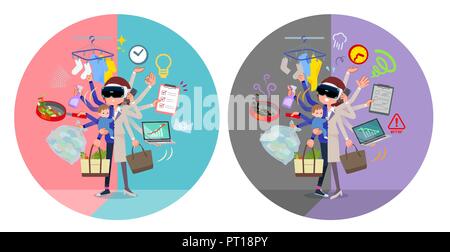 A set of women wearing virtual reality goggles who perform multitasking in offices and private.There are things to do smoothly and a pattern that is i Stock Vector
