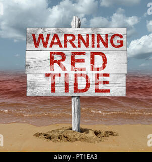 Red tide beach warning sign as hazardous natural toxin in the ocean or sea as a concept for deadly natural toxic algae in a 3D illustration style.
