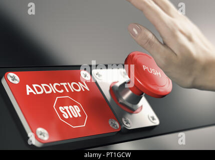 Woman hnd about to press a panic button to stop addiction. Addict's decision making concept Stock Photo