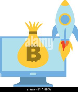 computer money bag and rocket launching Stock Vector