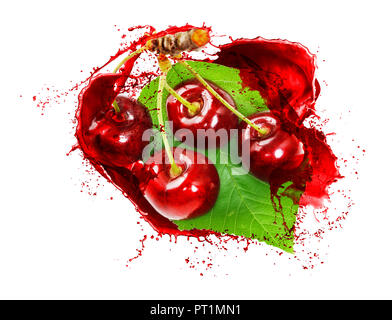 Cherries isolated on white, cherry juice splashes Stock Photo