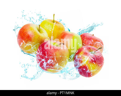 Apples falling in water, water splashes isolated Stock Photo