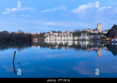 View of the Castello Visconteo and Centrale Idroelettrica Taccani on the shores of river Adda, Trezzo sull'Adda, Milan, Lombardy, Italy, Stock Photo