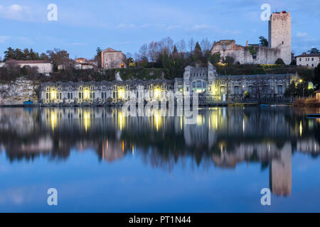 View of the Castello Visconteo and Centrale Idroelettrica Taccani on the shores of river Adda, Trezzo sull'Adda, Milan, Lombardy, Italy, Stock Photo