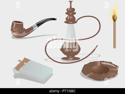 smoking accessories. cigarettes, hookah, pipe, ashtray, match. Stock Vector