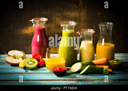 Various smoothies, fruits and vegetables Stock Photo