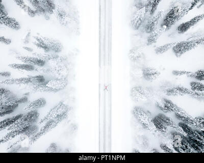 Aerial view of person lying down on road in the icy forest, Pallas-Yllastunturi National Park, Muonio, Lapland, Finland Stock Photo