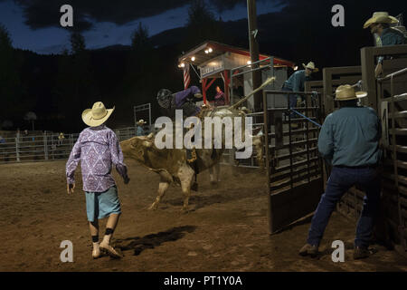 Colorado, USA. 22nd Aug, 2018. A cowboy rides a bull at the Snowmass Rodeo on August 22, 2018 in Snowmass, Colorado. Credit: Alex Edelman/ZUMA Wire/Alamy Live News Stock Photo