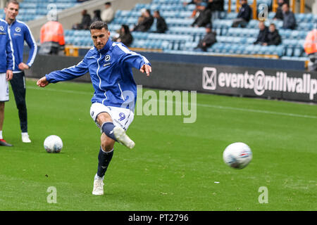 London, UK. 6th Oct 2018. Lee Gregory of Millwall warms up during the EFL Sky Bet Championship match between Millwall and Aston Villa at The Den, London, England on 6 October 2018. Photo by Ken Sparks.  Editorial use only, license required for commercial use. No use in betting, games or a single club/league/player publications. Credit: UK Sports Pics Ltd/Alamy Live News Stock Photo