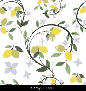 Pattern of lemon branch tree with flowers and leaves. Seamless Stock Vector