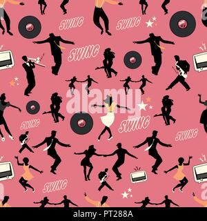 Swing dance pattern. Dancers and musicians. Retro style. Seamless. Stock Vector