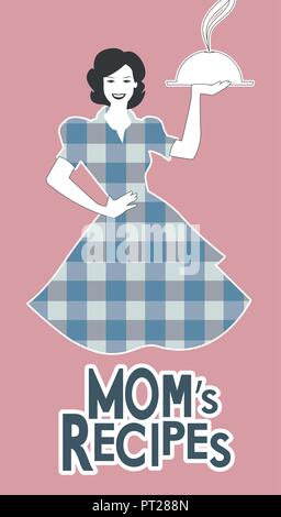 Housewife carrying a tray with dinner. Mom's recipes. Retro style Stock Vector